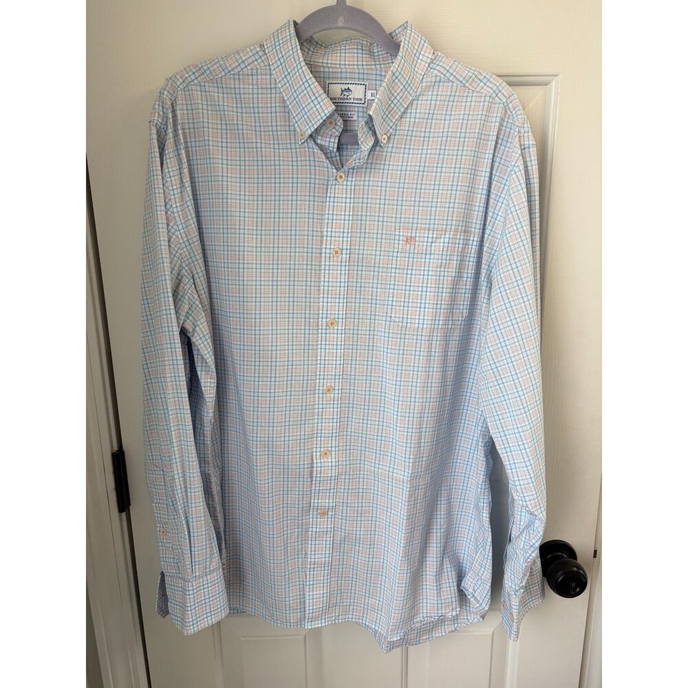Southern Tide Men's Classic Fit Blue Orange Gingham Plaid Button Down Size XL